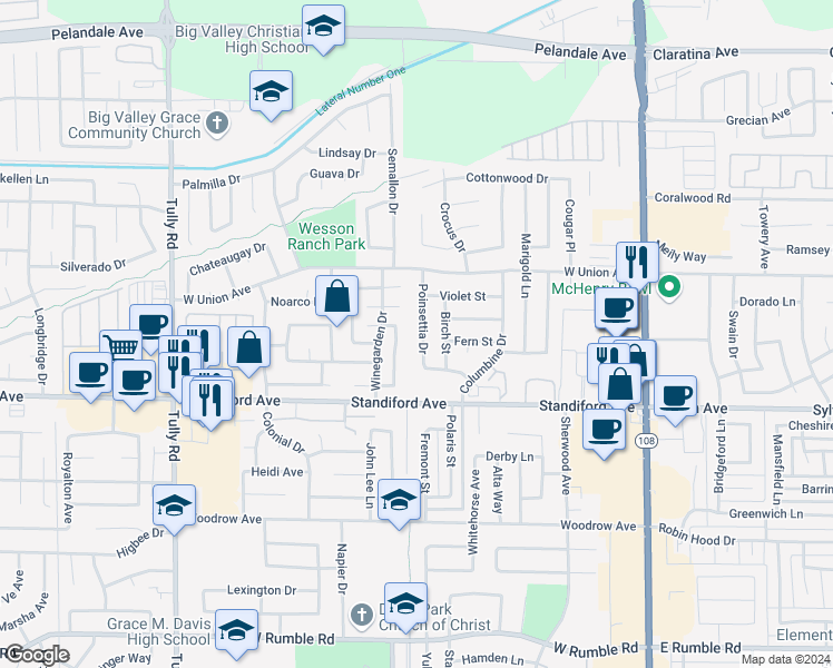 map of restaurants, bars, coffee shops, grocery stores, and more near 3701 Poinsettia Drive in Modesto