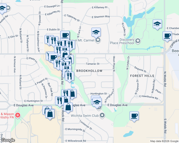 map of restaurants, bars, coffee shops, grocery stores, and more near in Wichita