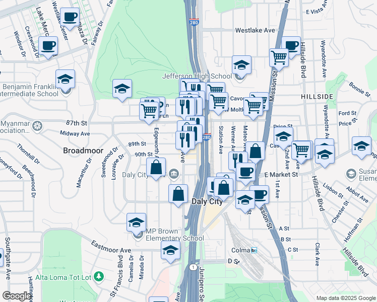 map of restaurants, bars, coffee shops, grocery stores, and more near 295 89th Street in Daly City