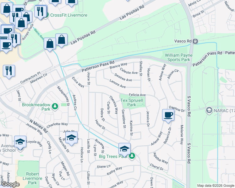 map of restaurants, bars, coffee shops, grocery stores, and more near 5285 Felicia Avenue in Livermore