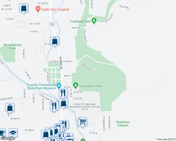 map of restaurants, bars, coffee shops, grocery stores, and more near 316 East Cedar Ridge Circle in Cedar City