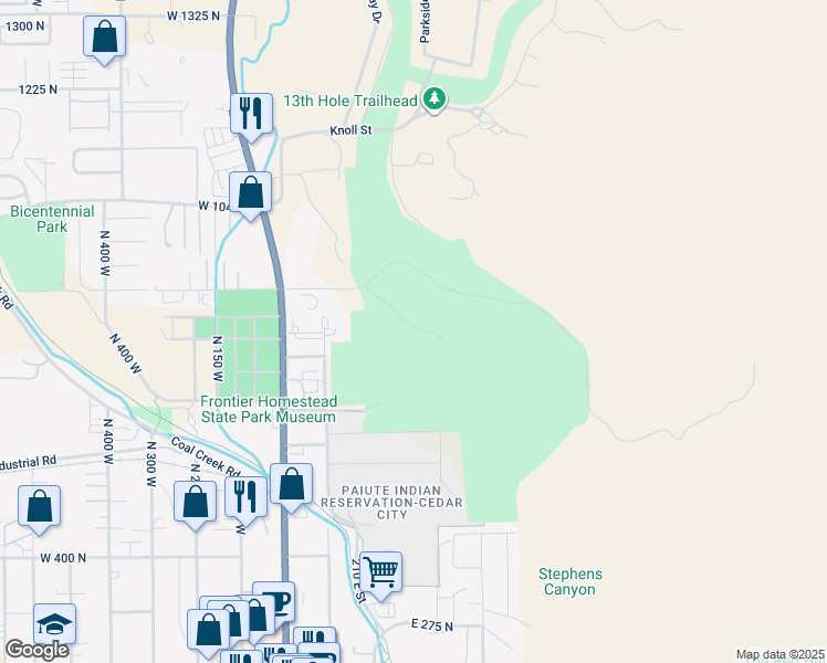 map of restaurants, bars, coffee shops, grocery stores, and more near 316 East Cedar Ridge Circle in Cedar City