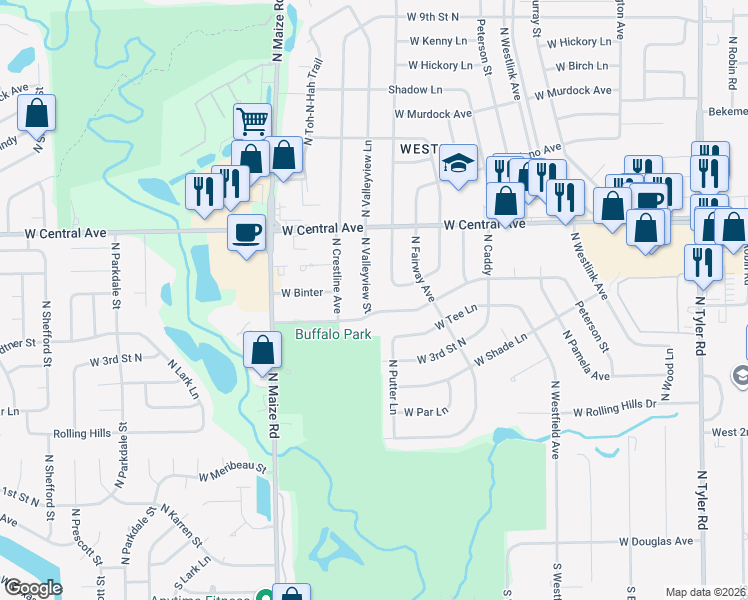 map of restaurants, bars, coffee shops, grocery stores, and more near 601 N Chipper Ln in Wichita