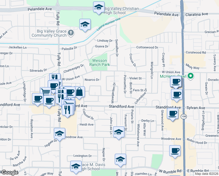 map of restaurants, bars, coffee shops, grocery stores, and more near 832 Saint Helena Place in Modesto