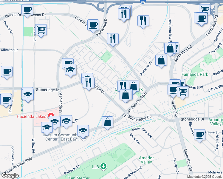 map of restaurants, bars, coffee shops, grocery stores, and more near 5111 Venice Court in Pleasanton