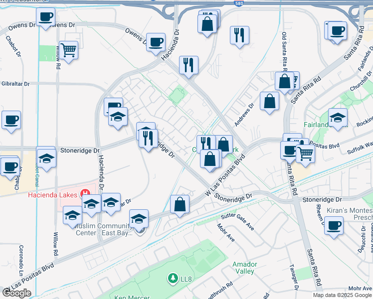 map of restaurants, bars, coffee shops, grocery stores, and more near 5111 Venice Court in Pleasanton