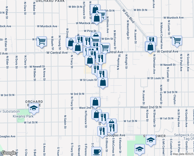 map of restaurants, bars, coffee shops, grocery stores, and more near 519 North West Street in Wichita