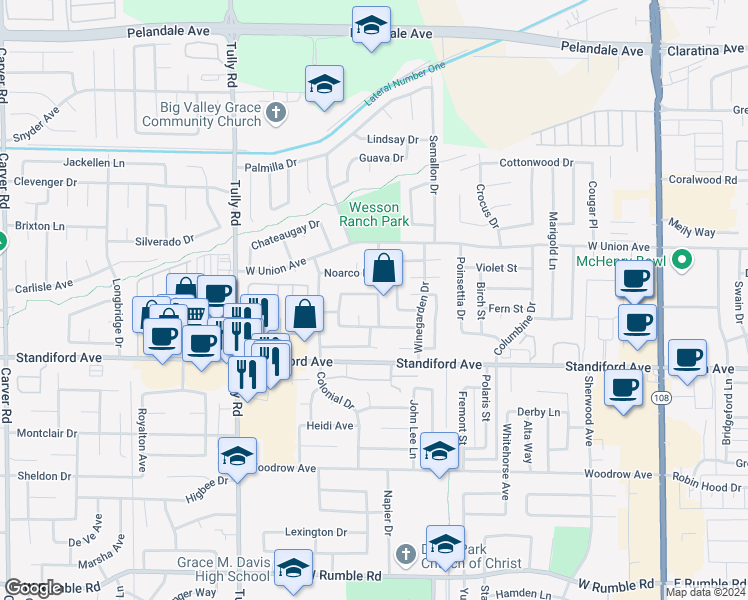 map of restaurants, bars, coffee shops, grocery stores, and more near 908 Burlington Drive in Modesto