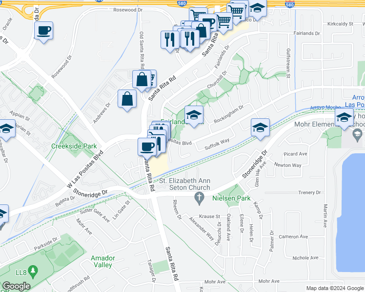 map of restaurants, bars, coffee shops, grocery stores, and more near 4194 West Las Positas Boulevard in Pleasanton