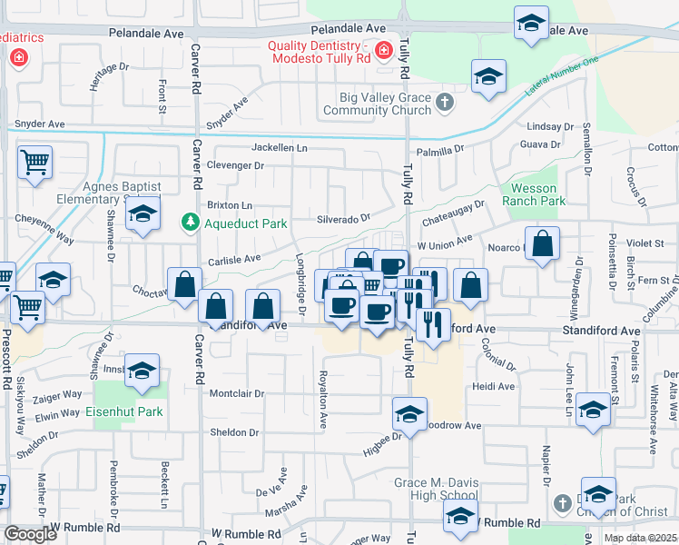 map of restaurants, bars, coffee shops, grocery stores, and more near 1419 Carlisle Avenue in Modesto