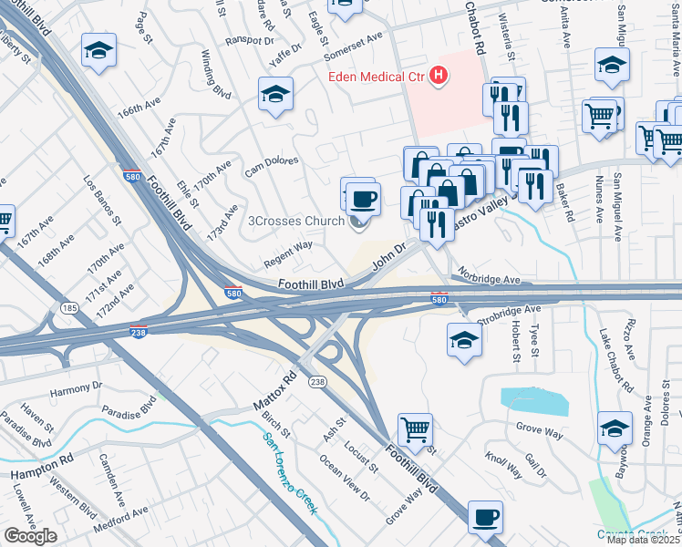 map of restaurants, bars, coffee shops, grocery stores, and more near 20472 John Drive in Castro Valley