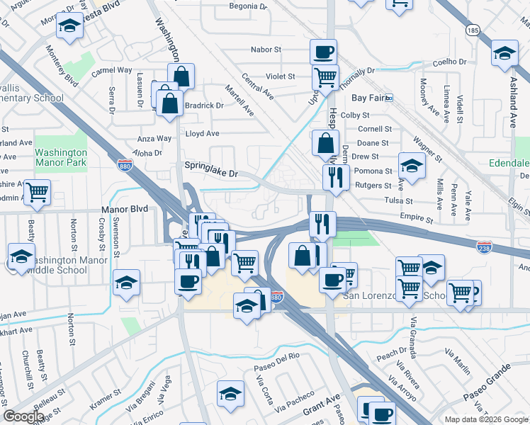 map of restaurants, bars, coffee shops, grocery stores, and more near 250 Creekside Drive in San Leandro