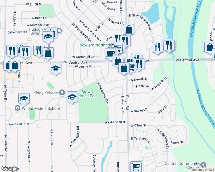 map of restaurants, bars, coffee shops, grocery stores, and more near 524 North Dunsworth Avenue in Wichita