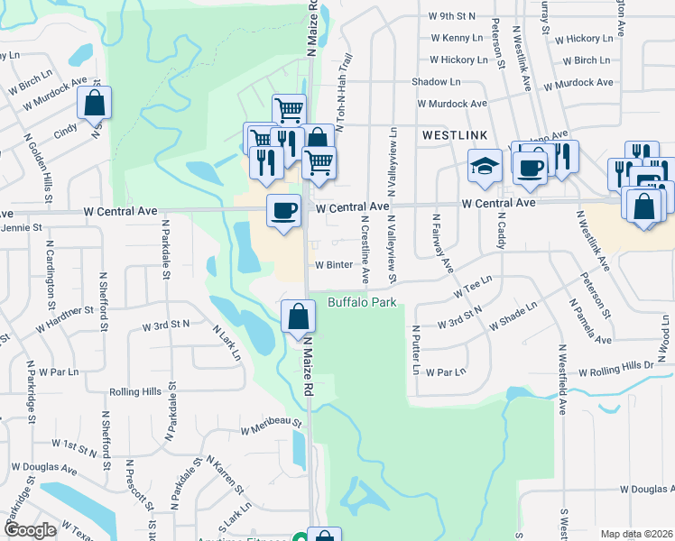 map of restaurants, bars, coffee shops, grocery stores, and more near 10228 West Binter Street in Wichita