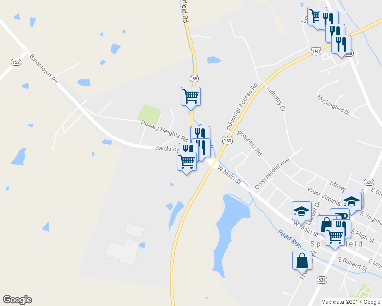 map of restaurants, bars, coffee shops, grocery stores, and more near 58 Rosary Heights Road in Springfield