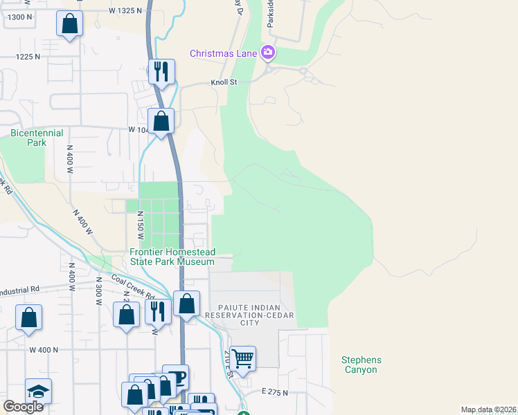 map of restaurants, bars, coffee shops, grocery stores, and more near 323 East Cedar Ridge Circle in Cedar City