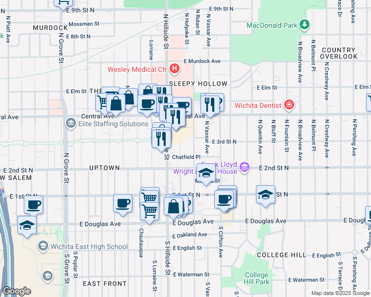 map of restaurants, bars, coffee shops, grocery stores, and more near 338 1/2 North Holyoke Street in Wichita