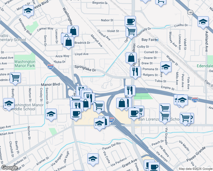 map of restaurants, bars, coffee shops, grocery stores, and more near 250 Creekside Drive in San Leandro