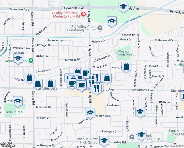map of restaurants, bars, coffee shops, grocery stores, and more near 3701 Colonial Drive in Modesto