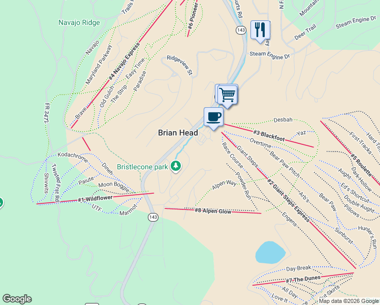 map of restaurants, bars, coffee shops, grocery stores, and more near 312 Utah 143 in Brian Head
