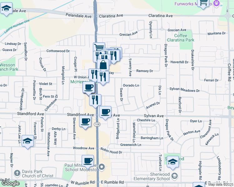 map of restaurants, bars, coffee shops, grocery stores, and more near 3628 Bridgeford Lane in Modesto