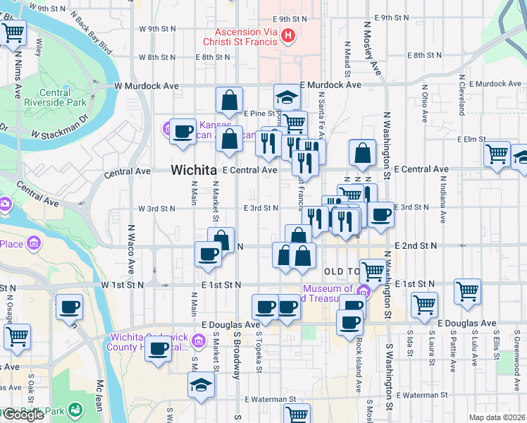 map of restaurants, bars, coffee shops, grocery stores, and more near 401 East 3rd Street North in Wichita