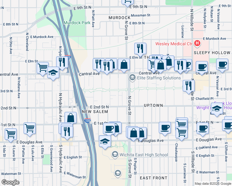 map of restaurants, bars, coffee shops, grocery stores, and more near 401 North Spruce Street in Wichita