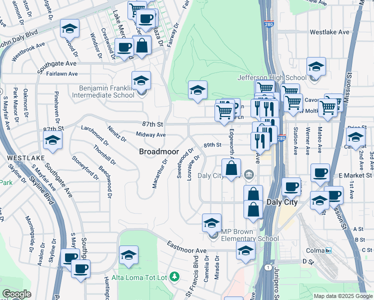 map of restaurants, bars, coffee shops, grocery stores, and more near 1007 Washington Street in Daly City