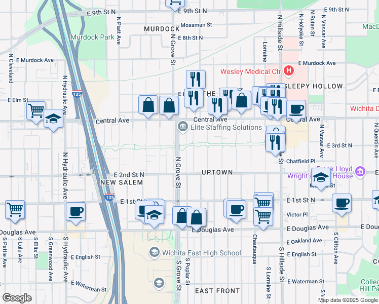 map of restaurants, bars, coffee shops, grocery stores, and more near 401 North Green Street in Wichita