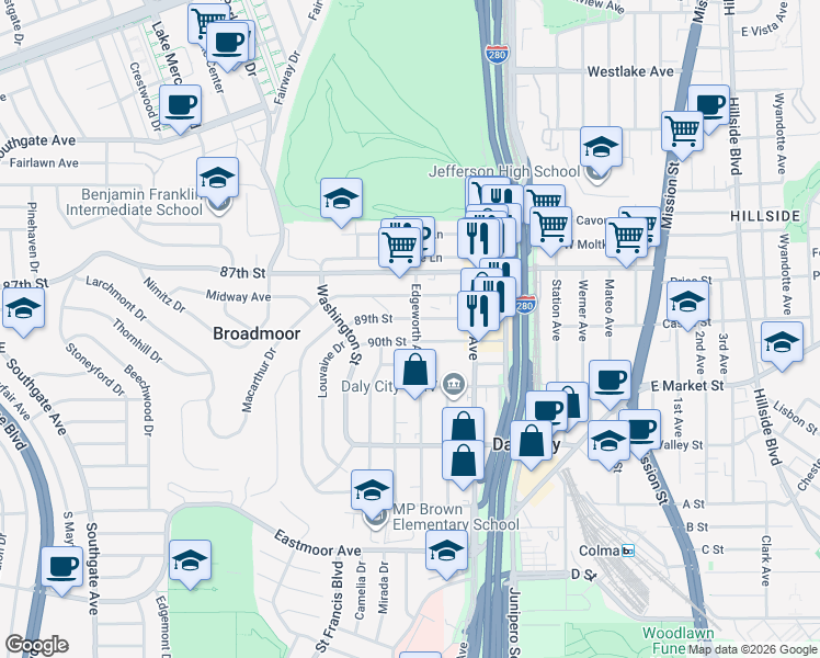 map of restaurants, bars, coffee shops, grocery stores, and more near 414 89th Street in Daly City