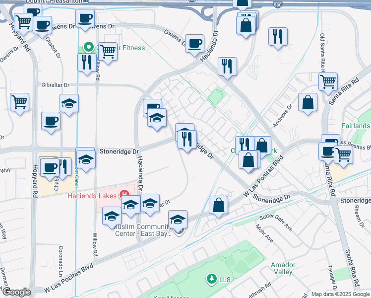 map of restaurants, bars, coffee shops, grocery stores, and more near 5690 Stoneridge Drive in Pleasanton
