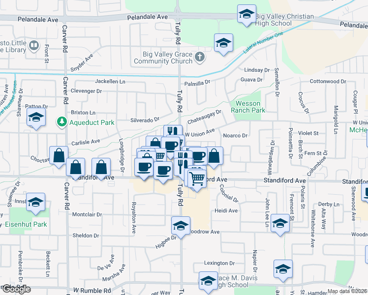 map of restaurants, bars, coffee shops, grocery stores, and more near 3700 Tully Road in Modesto