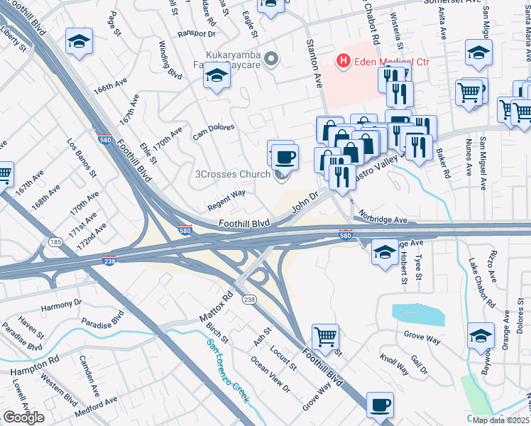 map of restaurants, bars, coffee shops, grocery stores, and more near 20472 John Drive in Castro Valley
