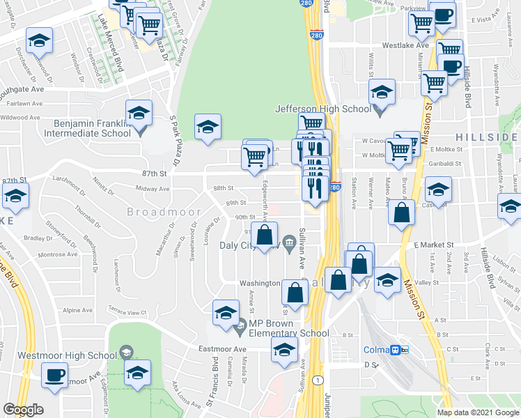 map of restaurants, bars, coffee shops, grocery stores, and more near 414 89th Street in Daly City