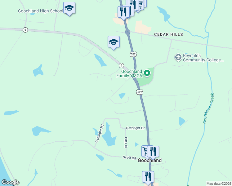 map of restaurants, bars, coffee shops, grocery stores, and more near 3089 River Road West in Goochland
