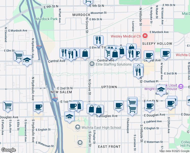 map of restaurants, bars, coffee shops, grocery stores, and more near 401 North Green Street in Wichita