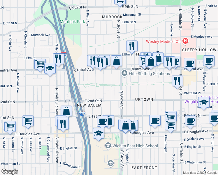 map of restaurants, bars, coffee shops, grocery stores, and more near 401 North Spruce Street in Wichita