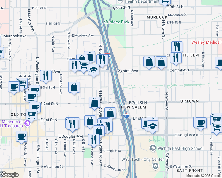 map of restaurants, bars, coffee shops, grocery stores, and more near 1818 E 3rd Street North in Wichita