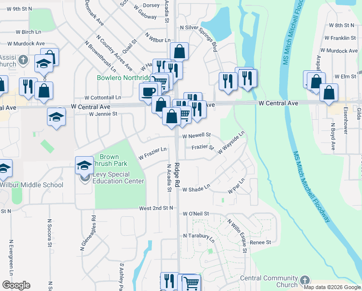 map of restaurants, bars, coffee shops, grocery stores, and more near 515 N Ridge Rd in Wichita
