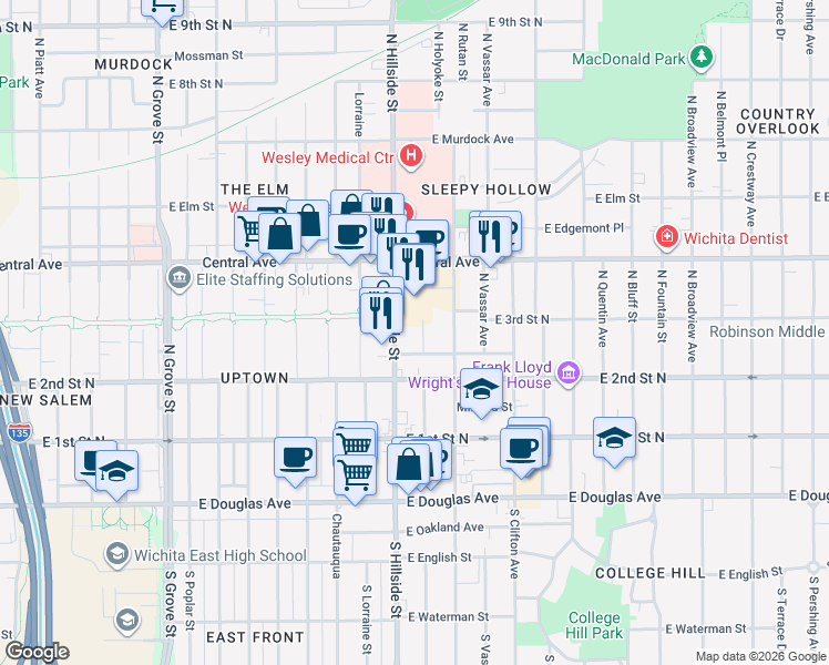 map of restaurants, bars, coffee shops, grocery stores, and more near 362 North Holyoke Street in Wichita