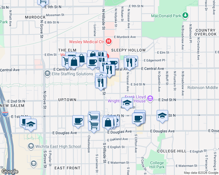 map of restaurants, bars, coffee shops, grocery stores, and more near 362 North Holyoke Street in Wichita