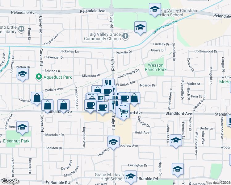 map of restaurants, bars, coffee shops, grocery stores, and more near 3700 Tully Road in Modesto