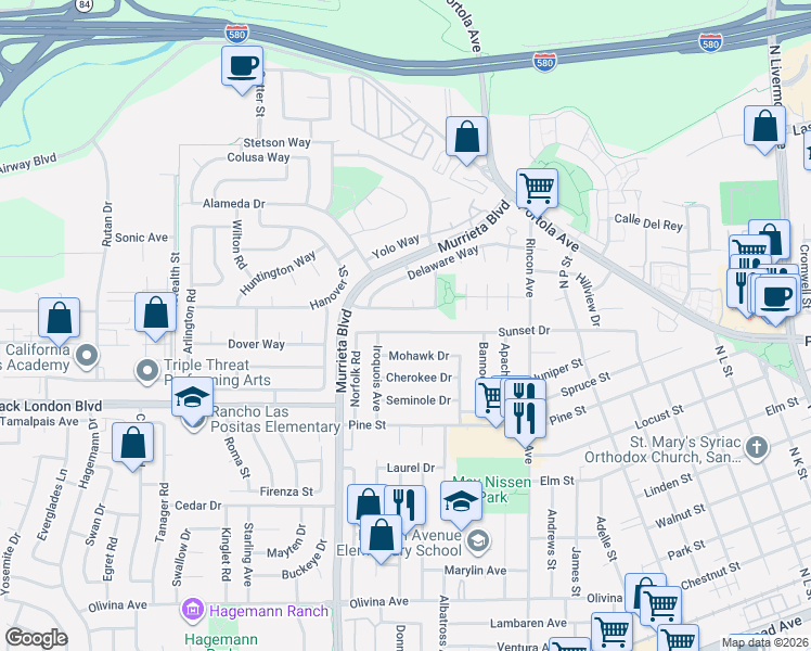 map of restaurants, bars, coffee shops, grocery stores, and more near 852 Sunset Drive in Livermore