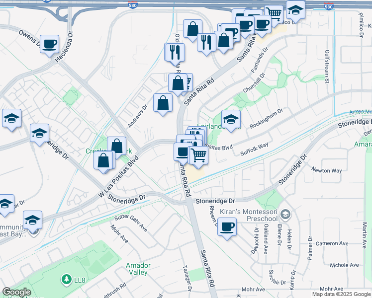 map of restaurants, bars, coffee shops, grocery stores, and more near in Pleasanton