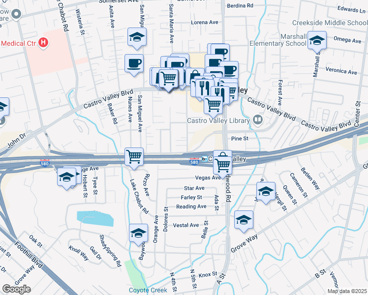 map of restaurants, bars, coffee shops, grocery stores, and more near 21143 Wilbeam Avenue in Castro Valley