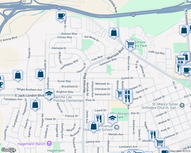 map of restaurants, bars, coffee shops, grocery stores, and more near 820 Sunset Drive in Livermore