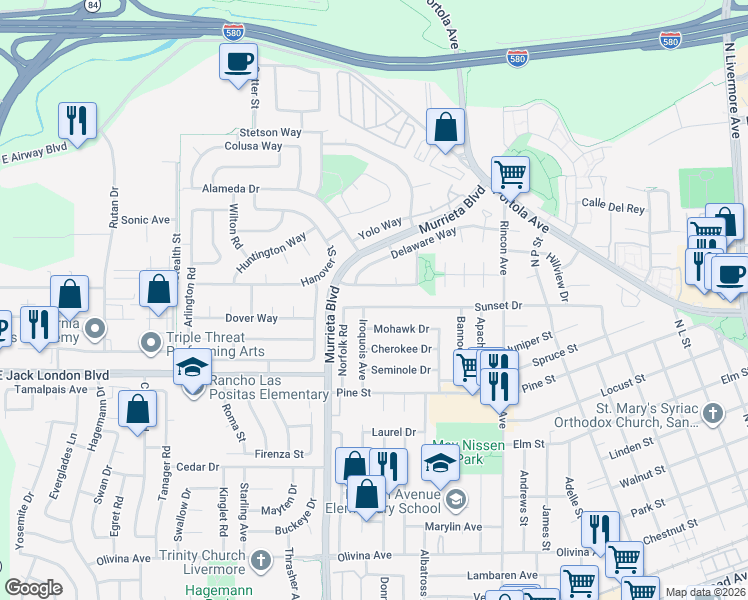 map of restaurants, bars, coffee shops, grocery stores, and more near 820 Sunset Drive in Livermore