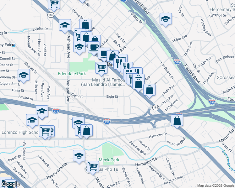 map of restaurants, bars, coffee shops, grocery stores, and more near 1118 Elgin Street in San Lorenzo