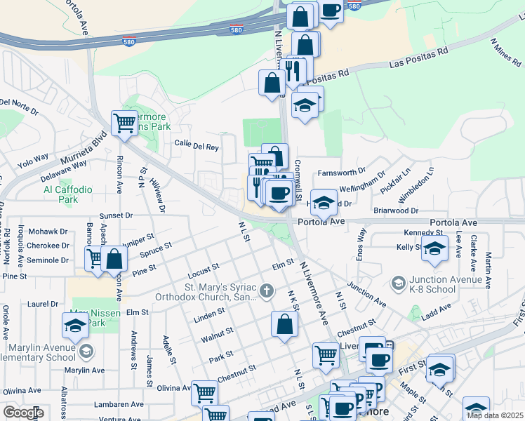map of restaurants, bars, coffee shops, grocery stores, and more near 2002 Portola Avenue in Livermore