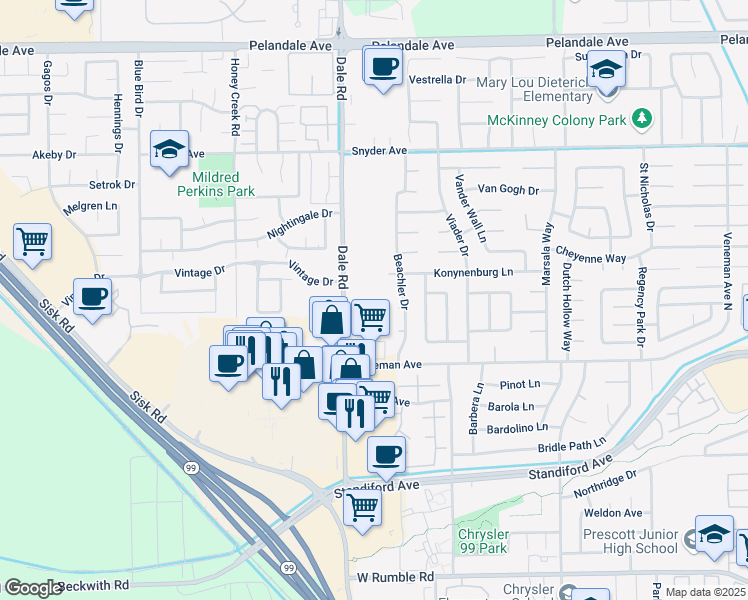 map of restaurants, bars, coffee shops, grocery stores, and more near 3620 Dale Road in Modesto